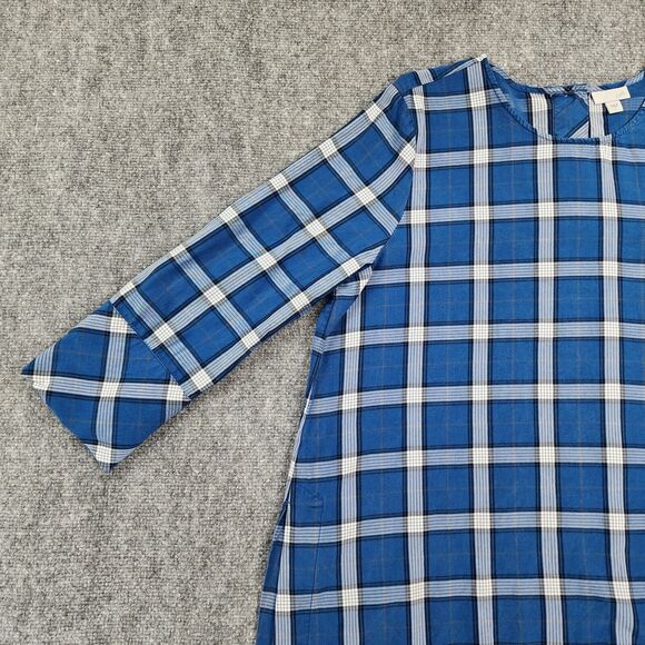 J Jill Top Women Large Blue Plaid 3/4 Sleeve Tunic Slit Back Button Shirt Blouse - Picture 8 of 14